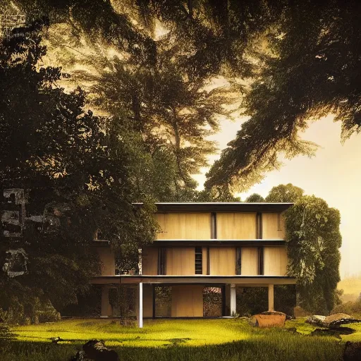 Image similar to rectangular modernist house inspired by a tibetan palace, surrounded by thick collumns, two levels, in a field, big trees, clouds, dramatic lighting, artstation, matte painting, raphael lacoste, simon stalenhag, frank lloyd wright, drone view