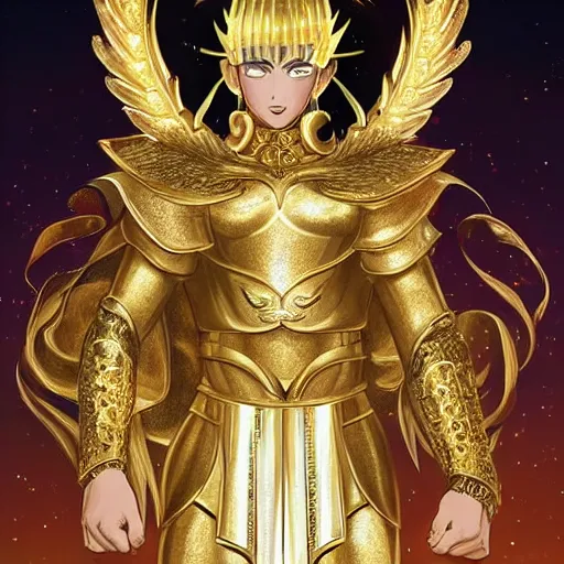 Image similar to A radiant, full body shot, photo of a 27-year-old Caucasian male wearing the Gemini Gold Armor, Beautiful gold Saint, Jaw-Dropping Beauty, gracious, aesthetically pleasing, dramatic eyes, intense stare, immense cosmic aura, from Knights of the Zodiac Saint Seiya, inside the Old Temple of Athena Greece, exquisite, art-gem, dramatic representation, hyper-realistic, live action, atmospheric scene, cinematic, trending on ArtStation, Pinterest and Shutterstock, photoshopped, deep depth of field, intricate detail, finely detailed, small details, extra detail, ultra detailed, attention to detail, detailed picture, symmetrical, octane render, arnold render, unreal engine 5, high resolution, 3D model, CGI, PBR, DAZ, path tracing, volumetric lighting, golden hour, 8k, Photoshopped, Award Winning Photo, groundbreaking, Deep depth of field, f/22, 35mm, make all elements sharp, at golden hour, Light Academia aesthetic and Socialist realism, by Annie Leibovitz