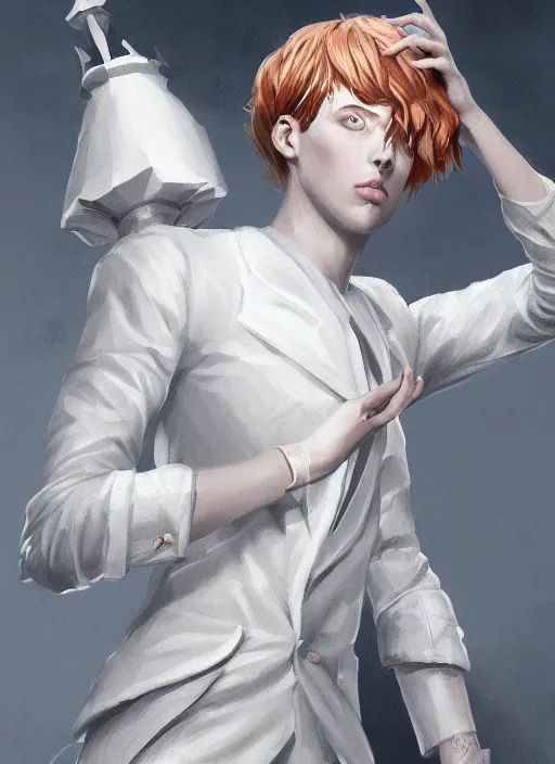 Prompt: a highly detailed illustration of short ginger haired man wearing white suit, dramatic holding chess piece pose, summoning demon girl, intricate, elegant, highly detailed, centered, digital painting, artstation, concept art, smooth, sharp focus, league of legends concept art, WLOP