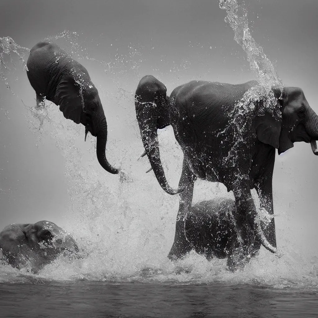 Prompt: “a black and white photo of an elephant splashing water by Maties Palau Ferré, featured on flickr, arabesque, national geographic photo, ilford hp5, majestic”