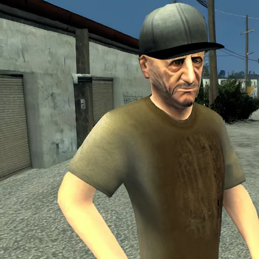 Prompt: Mike Ehrmantraut in GTA San Andreas, screenshot from the game, PS2 quality