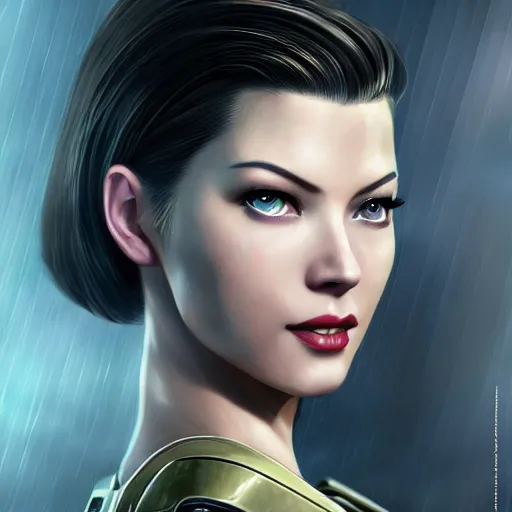 Image similar to A combination of Ada Wong's and Grace Kelly's and Katheryn Winnick's appearances with blonde hair wearing Master Chief's armor from Halo, high tech, action shot, angular, full body portrait, futuristic, dramatic, fantasy, intricate, elegant, highly detailed, digital painting, artstation, concept art, matte, sharp focus, illustration, 8K, art by tian zi and WLOP and alphonse mucha