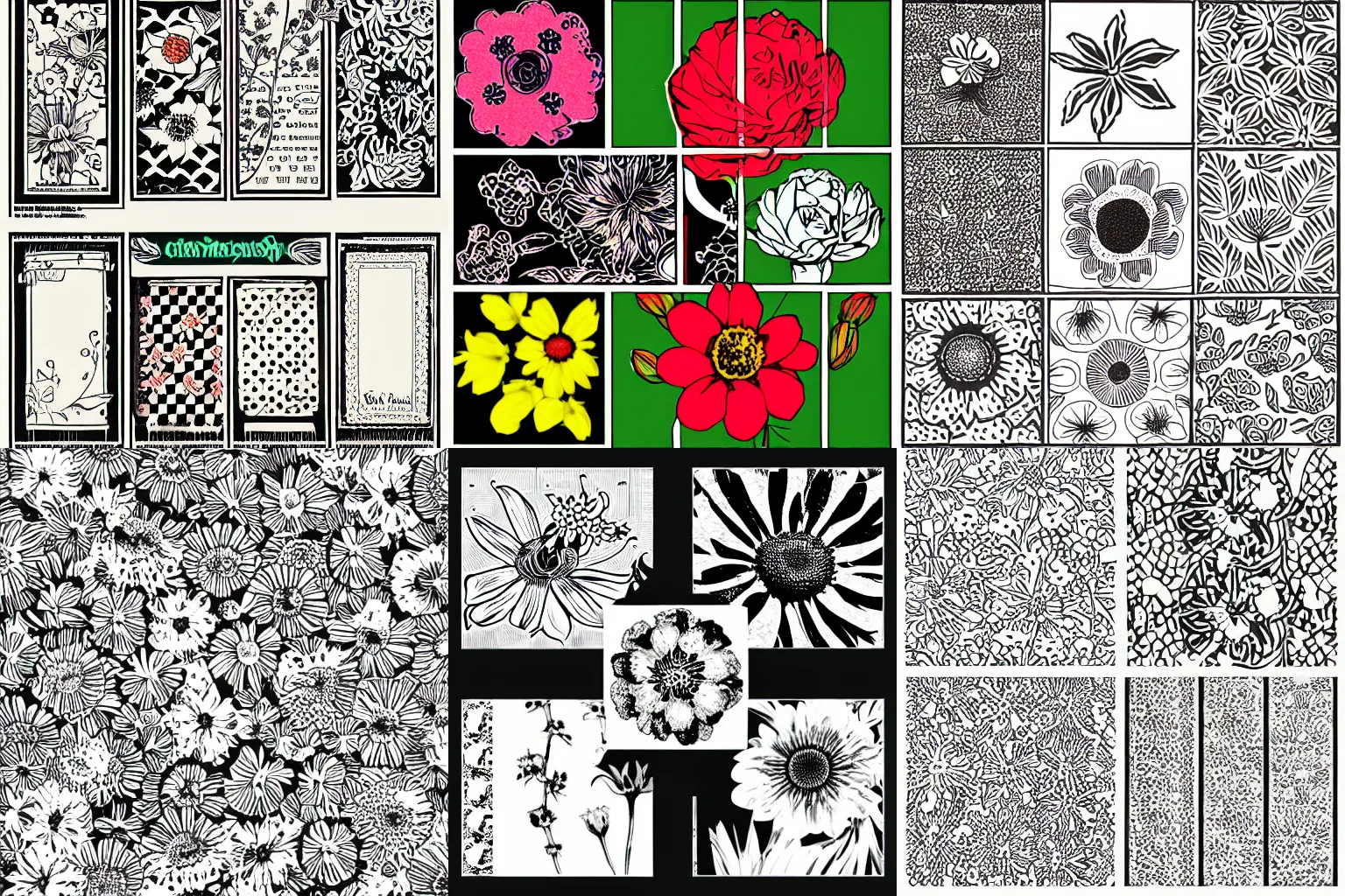 Prompt: collage of poisonous flower pressings, risograph art style, halftone pattern, duotone.