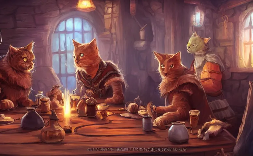 Image similar to cat folk talking inside a tavern, fantasy art, cozy, dnd, digital art, 4 k