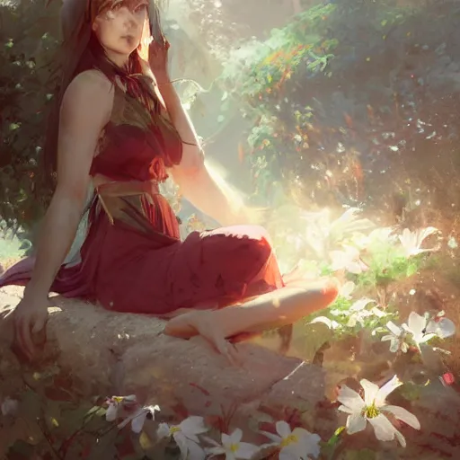 Image similar to awoke to sweet smell of spring, by wlop, artgerm, greg rutkowski