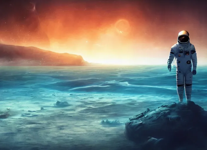 Image similar to astronaut holding a flag in an underwater desert. a submarine is visible in the distance. dark, concept art, cinematic, dramatic, atmospheric, 8 k, trending on artstation, blue, fish, low visibility, fog, ocean floor, christopher nolan, interstellar