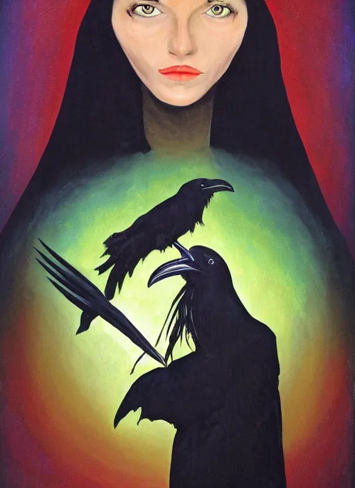 Image similar to portrait centered on a raven in a vantablack cloak and holding a symbolic weapon. painting in the style of symbolism. portrait hung up in a windows 9 8 wallpaper. r / oldschoolfantasy