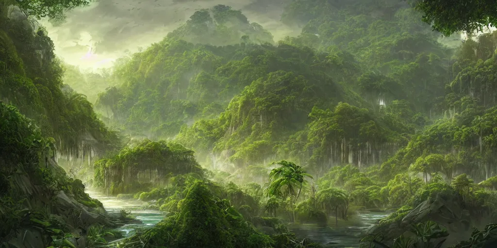 Prompt: view of a jungle planet with lush vegetation and rivers and a human colony, sci-fi, concept art, digital painting, still, highly detailed, intricate details, landscape