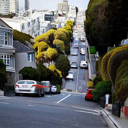 Image similar to Lombard Street is an east–west street in San Francisco, California that is famous for a steep, one-block section with eight hairpin turns. Stretching from The Presidio east to The Embarcadero (with a gap on Telegraph Hill), most of the street's western segment is a major thoroughfare designated as part of U.S. Route 101. The famous one-block section, claimed to be the crookedest street in the world, is located along the eastern segment in the Russian Hill neighborhood. It is a major tourist attraction, receiving around two million visitors per year and up to 17,000 per day on busy summer weekend