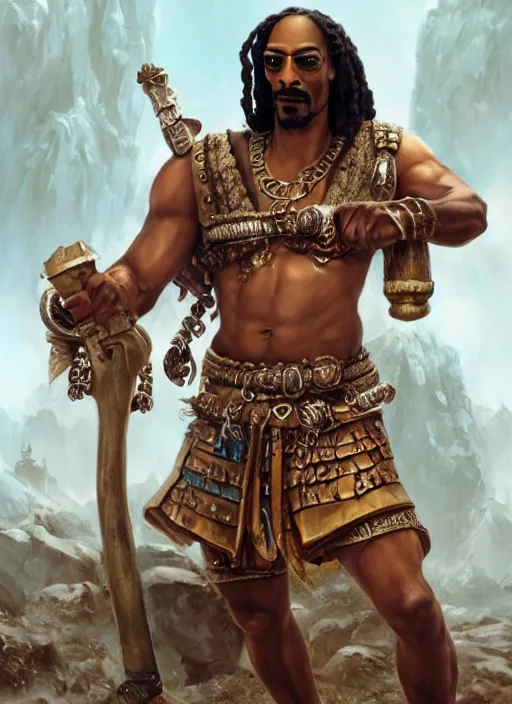 Image similar to snoop dogg as a barbarian, short beard, grumpy, Ivan Aivakovsky, Boris Vallejo, epic fantasy character art, D&D Concept Art, full length, Realistic, Regal, Refined, Detailed Digital Art, Oil Paining, Exquisite detail, post-processing, masterpiece, Cinematic Lighting, Unreal Engine, 8k, HD, Stanley Artgerm Lau, WLOP, Rossdraws, Frank Frazetta, Andrei Riabovitchev, Marc Simonetti, trending on artstation,