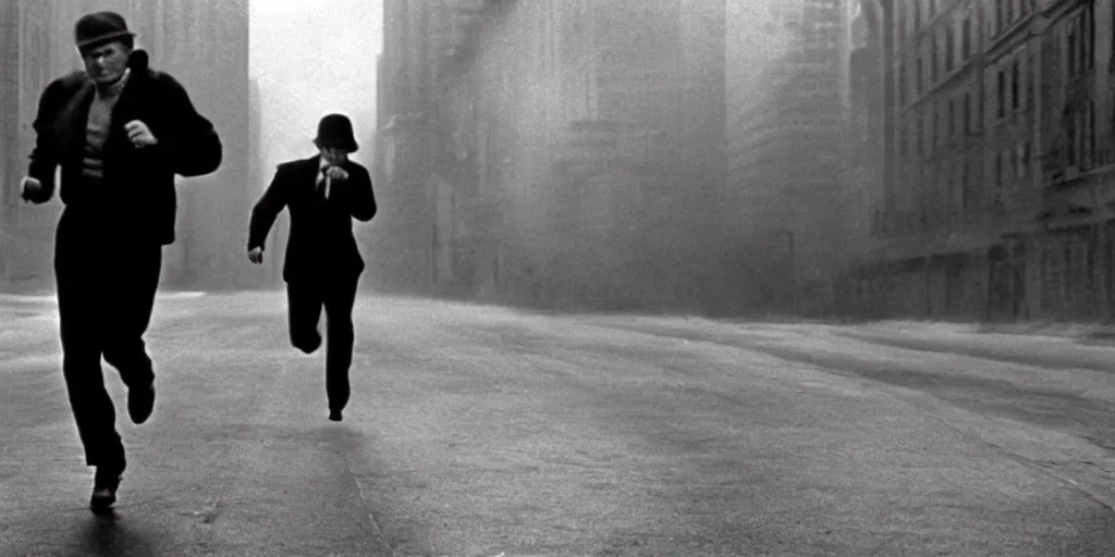 Image similar to a person running away, cinematic, atmospheric, cinematography by gordon willis, realistic