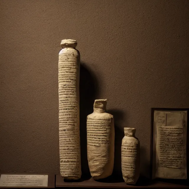 Prompt: a photo of a museum display showing a cylindrical clay jar, holding a dead sea scroll with nabeatean writing, dark, brooding, atmospheric, volume lighting