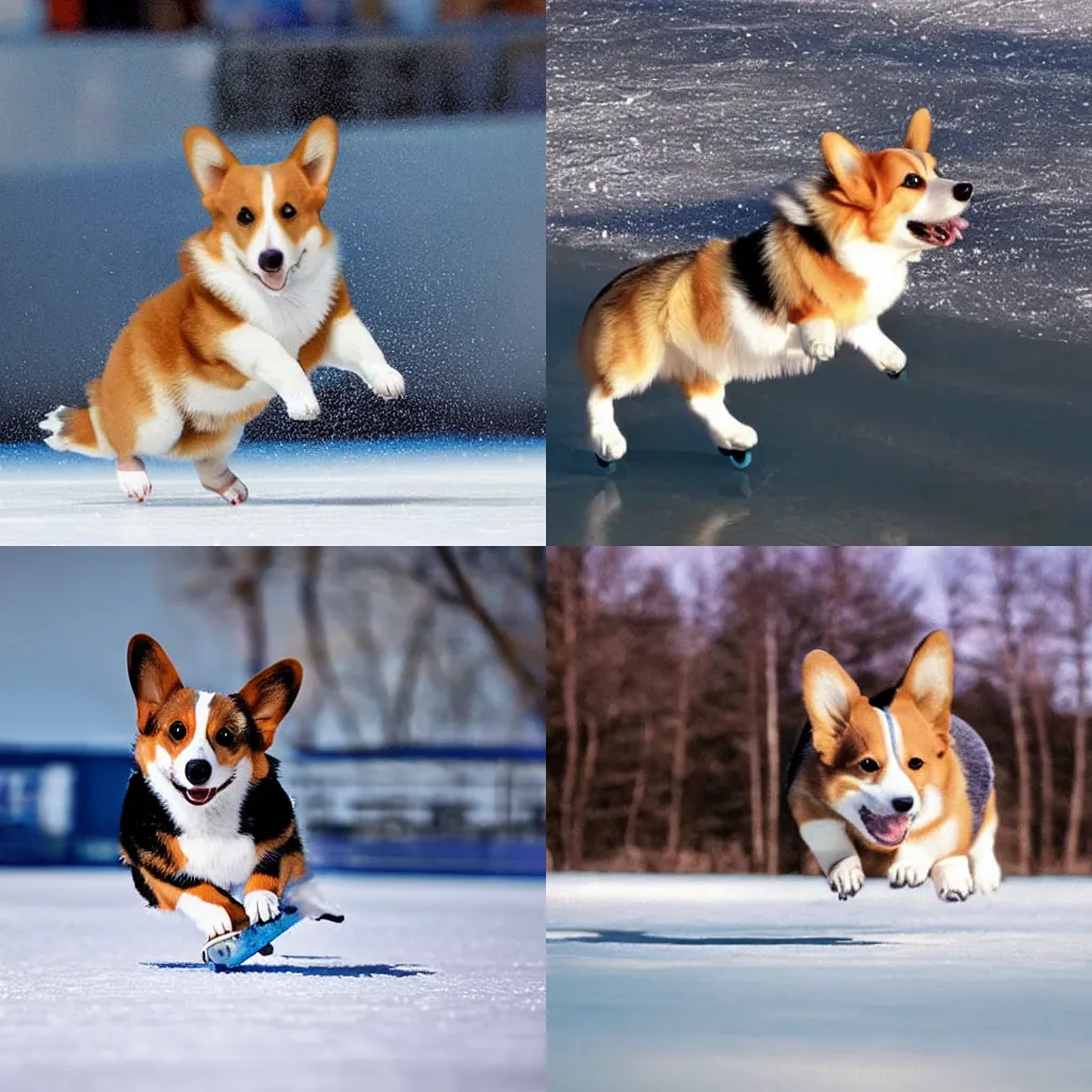 Prompt: cute realistic corgi skating on ice, photo