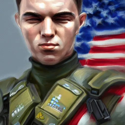 Image similar to Portrait of a futuristic soldier wearing American Army mechanized body armor carrying and American flag, D&D, Powerful, Patriotic, muscular, War, Olive drab, highly detailed, digital painting, artstation, concept art, smooth, sharp focus, illustration