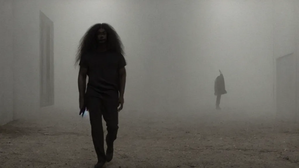 Image similar to photo from distance of a black man with long curly hair, carrying a electric guitar, walking out of from the past door, film still from the movie directed by Denis Villeneuve with art direction by Zdzisław Beksiński, wide lens