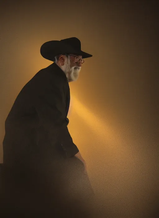 Image similar to portrait of terry pratchett, back, facing away, seated wearing hat, dramatic lighting, octane, mist, steve mccurry, volumetric lighting, 8 k