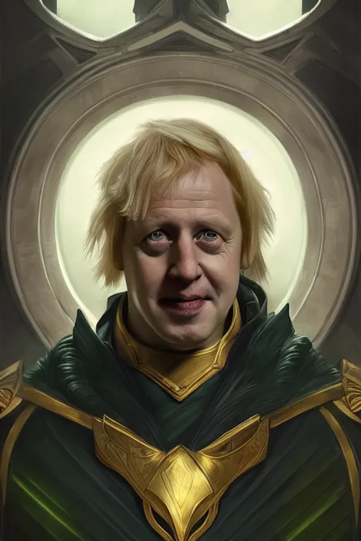 Image similar to Boris Johnson as Loki, realistic portrait, symmetrical, highly detailed, digital painting, artstation, concept art, smooth, sharp focus, illustration, cinematic lighting, art by artgerm and greg rutkowski and alphonse mucha