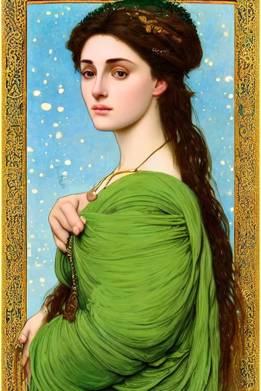 Prompt: 8k Portrait of a Beautiful Arabic female, sad green eyes, beautiful Porcelain skin, elegant, jewellery, digital painting, Pre-Raphaelites, highly detailed, concept art, cinematic lighting, smooth, sharp focus, gold and indigo, illustration, art by Klimt and Alphonse Mucha.