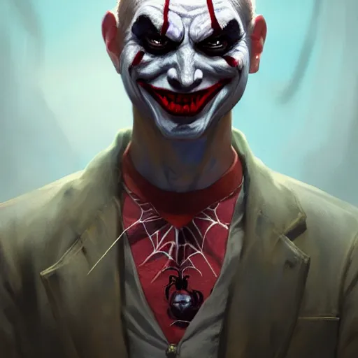 Prompt: highly detailed portrait spider joker gta v, stephen bliss, unreal engine, fantasy art by greg rutkowski, loish, rhads, ferdinand knab, makoto shinkai and lois van baarle, ilya kuvshinov, rossdraws, tom bagshaw, global illumination, radiant light, detailed and intricate environment