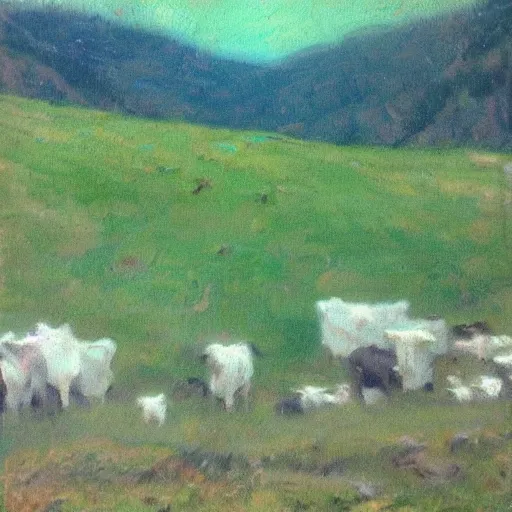 Image similar to “an impressionist painting of an avalanche of cows tumbling down a Green Mountain”