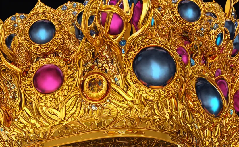 Image similar to Golden crown adorned with multicolored gems, hyperdetailed, artstation, cgsociety, golden hour 8k