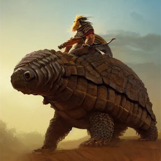 Prompt: toltec riding a glyptodon, fullbody, fantasy, intricate, elegant, highly detailed, digital painting, artstation, longspear, concept art, smooth, sharp focus, illustration, art by greg rutkowski and justin gerard