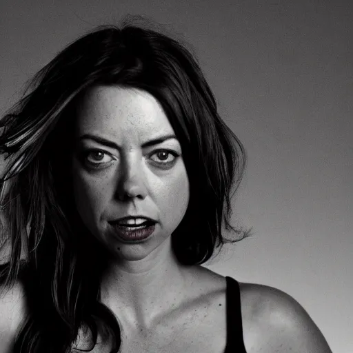 Prompt: aubrey plaza as witchblade by michael turner, studio lighting, depth of field, photography, black and white, highly detailed