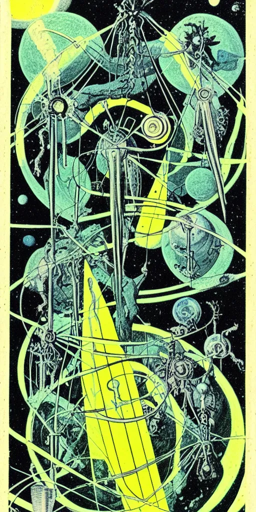 Prompt: 1968 science fiction tarot card, cut out collage, Jugendstil, xerox punk, spring on Saturn, epic theater, deep sea, mountain plants, nouvelle vague, drawings in part by moebius, part by Ernst Haekl, text by William S Boroughs, composition by neo Rauch