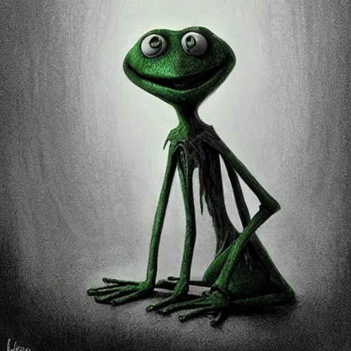 Image similar to michael karcz grunge cartoon drawing of kermit the frog. , in the style of corpse bride, loony toons style, horror themed, detailed, elegant, intricate