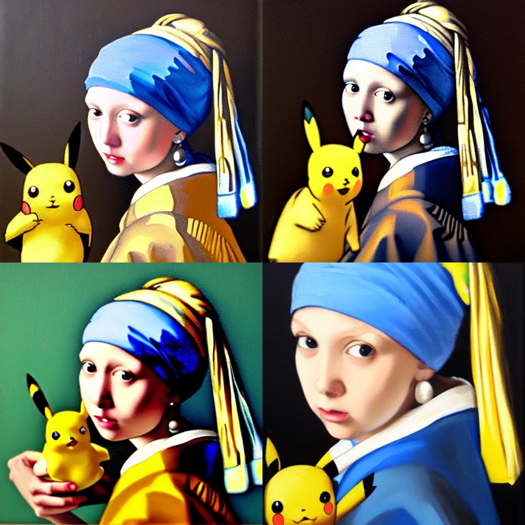 Prompt: Girl with a Pearl Earring holding Pikachu in her arms, oil painting, highly detailed