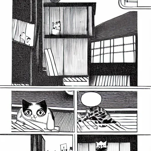 Prompt: a cat sitting on a roof, manga, by junji ito, cat's diary.