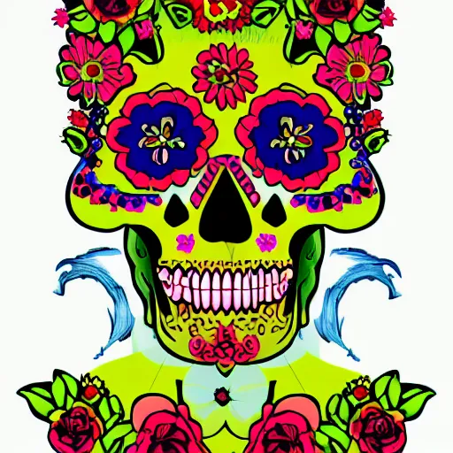 Prompt: a catrina skull covered in flowers, colorful illustration