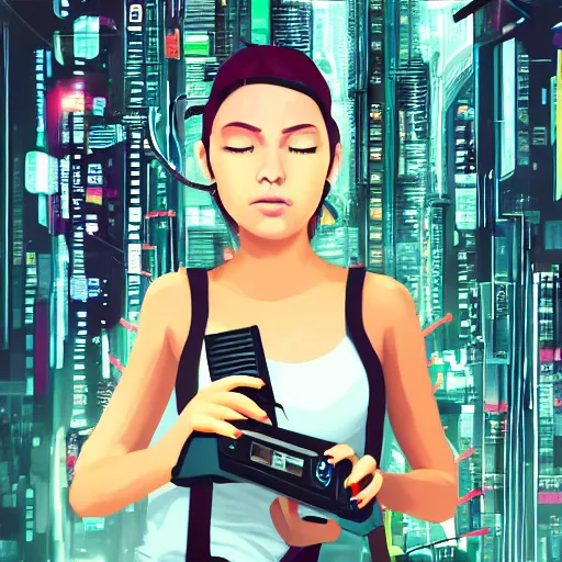 Prompt: a girl with a TV for a head in a cyberpunk city