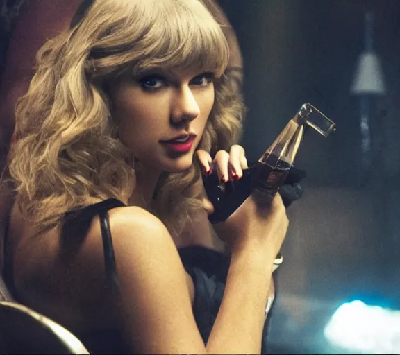 Prompt: a movie still of taylor swift in a club sitting with cocaine in the movie scarface 2 0 4 9