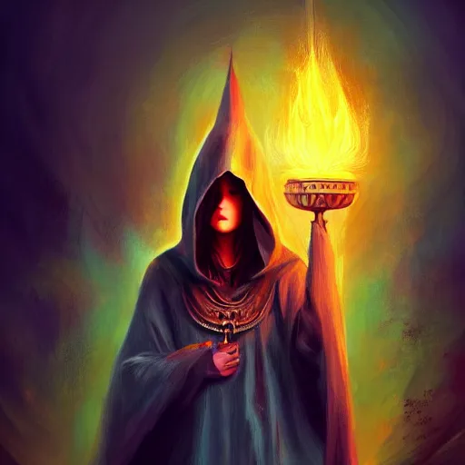 Image similar to ( a priestess with a hood that covers half her face carries an incense burner that emits a pleasantly colored flame. ) by anato finnstark, dream, full body portrait, dynamic lighting, beautiful, trending on artstation, wallpaper, 4 k, award winning, digital art, very detailed faces