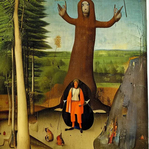 Image similar to standing bear in the foreground, forest in the background, hieronymus bosch