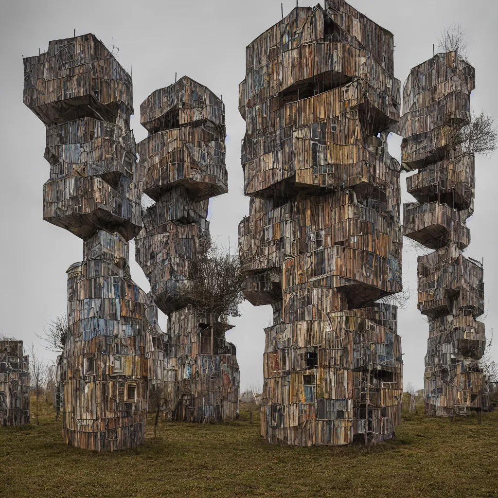Prompt: three organic looking towers, made up of makeshift squatter shacks with muted colours, dystopia, hasselblad x 1 d, fully frontal view, ultra detailed, photographed by jeanette hagglund
