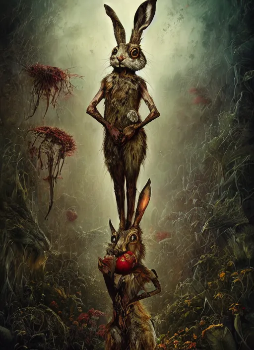 Image similar to the march hare, highly detailed, cinematic, 8 k, by megan duncanson, benjamin lacombe, adrian borda, stanley artgermm, tom bagshaw, craig mullins, carne griffiths, ayami kojima, beksinski, giger, trending on deviantart, hyper detailed, horror, full of colour