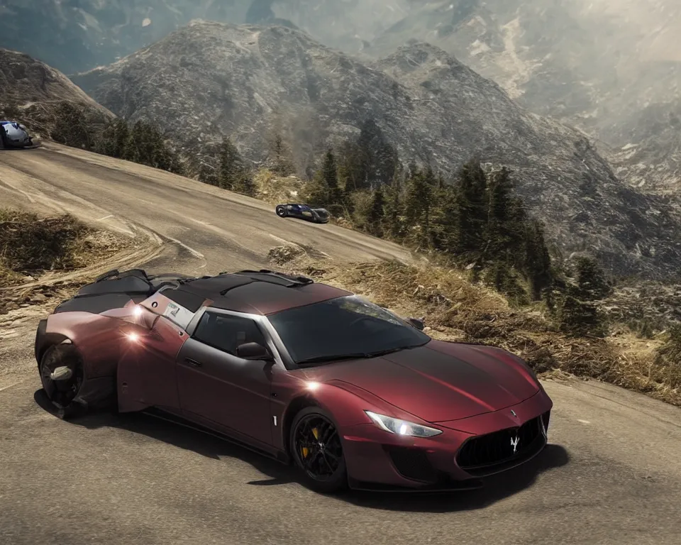 Prompt: maserati drifting in mountains with lamborghini indian police car chasing, cinematic, photography by alexey kurylev, need for speed, movie, ultra detailed