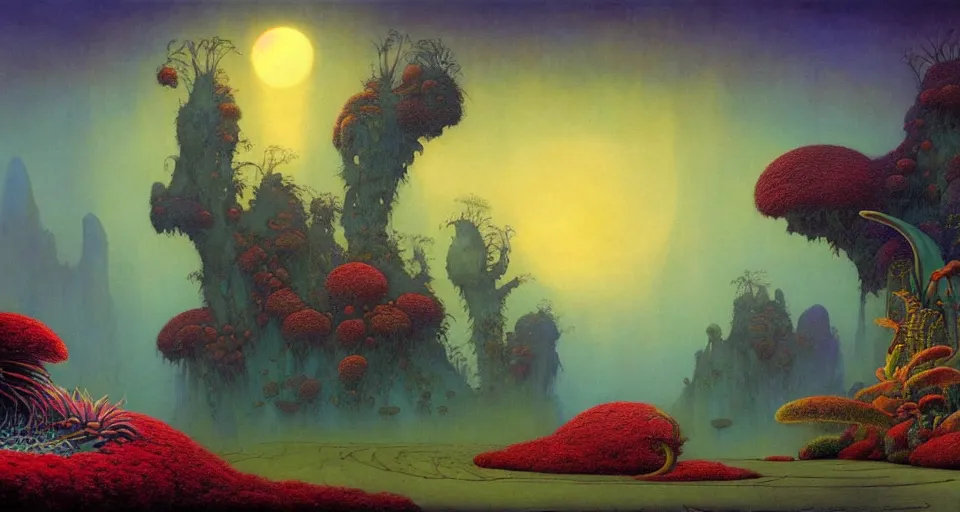 Image similar to beautiful rendering of exotic plants by daniel merriam and karol bak and martin johnson heade, xenoplanet by roger dean and moebius, at night, ( ( ( misty atmosphere ) ) ), mantra rendering, matte painting, high detailed, 4 k, trending on artstation