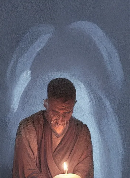 Prompt: oil painting portrait of a crying sad weeping sobbing tonsured dominican monk in a simple rough habit, kneeling in a blue cold moonlit empty small chapel at night, hazy, digital art, artstation, cinematic, moonlight, digital art painting by greg rutkowski, hazy atmosphere, candles, cinematic blue lighting