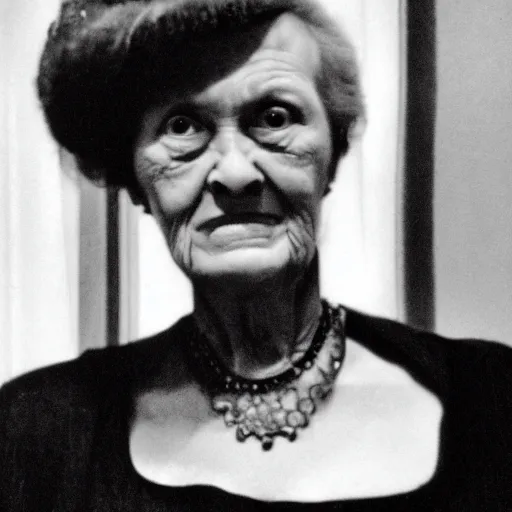 Prompt: old photo of a scary grandma in black dress, horror, hugh quality face, b/w tv