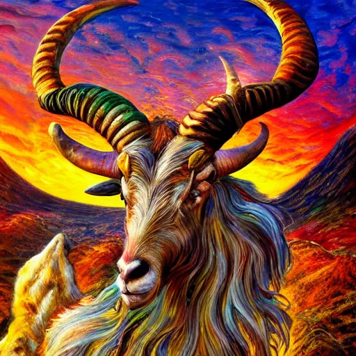 Image similar to detailed acrylic on canvas by josephine wall, horned ram goddess checking her cell phone, erupting volcano and sunset in distance, flowers in foreground, fantasy, trending on artstation, by senior concept artist, intricately detailed, high resolution, hdr, 8 k