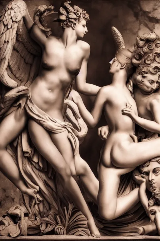 Image similar to The greek gods, Cupid and Psyche, fetish, full makup, medium shot. In the style of Helmut newton, robert maplethorpe, Stefano Brunesci, Lachlan Bailey, Herb Ritts, Ellen Von Unwerth, Haris Nukem, Sardax, Annie Leibovitz. detailed photo, hd, 4k, trending on artstation, 35mm, f1.8