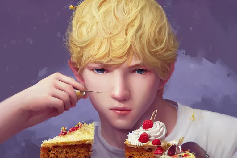 Image similar to Portrait of a Delicate blond male prince Lucius eating the most delicious cake in the world, 4k digital illustration by Artgerm, wlop, James Jean, Andrei Riabovitchev, Marc Simonetti, yoshitaka Amano, Artstation, CGsociety