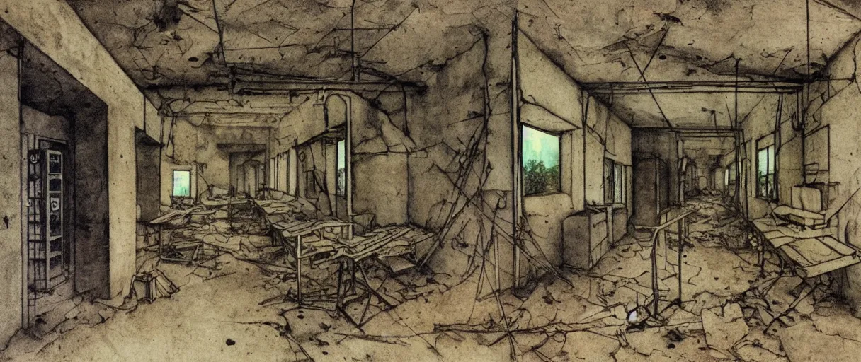 Prompt: abandoned laboroatory from cold war era, room full of cold war era computers, nuclear shelter, top secret industrial facillity, faded out colors, highly detailed muted colors, illustration by albrecht durer, fine art sketch