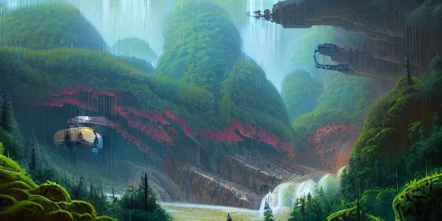 Prompt: painting valley of geodes filled crashed ships on endor by tomasz alen kopera and svetlin velino with a village hidden behind a waterfall by eddie jones and simon stahlenhag