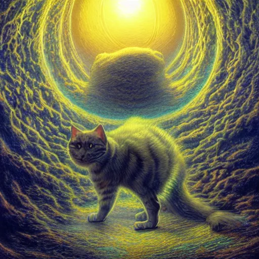 Image similar to photorealistic image of if god were a cat in the style of michael whelan and gustave dore. hyperdetailed photorealism, 1 0 8 megapixels, amazing depth, glowing rich colors, powerful imagery, psychedelic overtones, 3 d finalrender, 3 d shading, cinematic lighting, artstation concept art