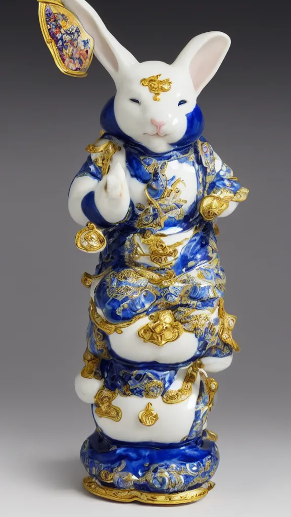 Prompt: porcelain rabbit head budda statue with blue details having a japanese kiseru in hand painted by john singer sargent