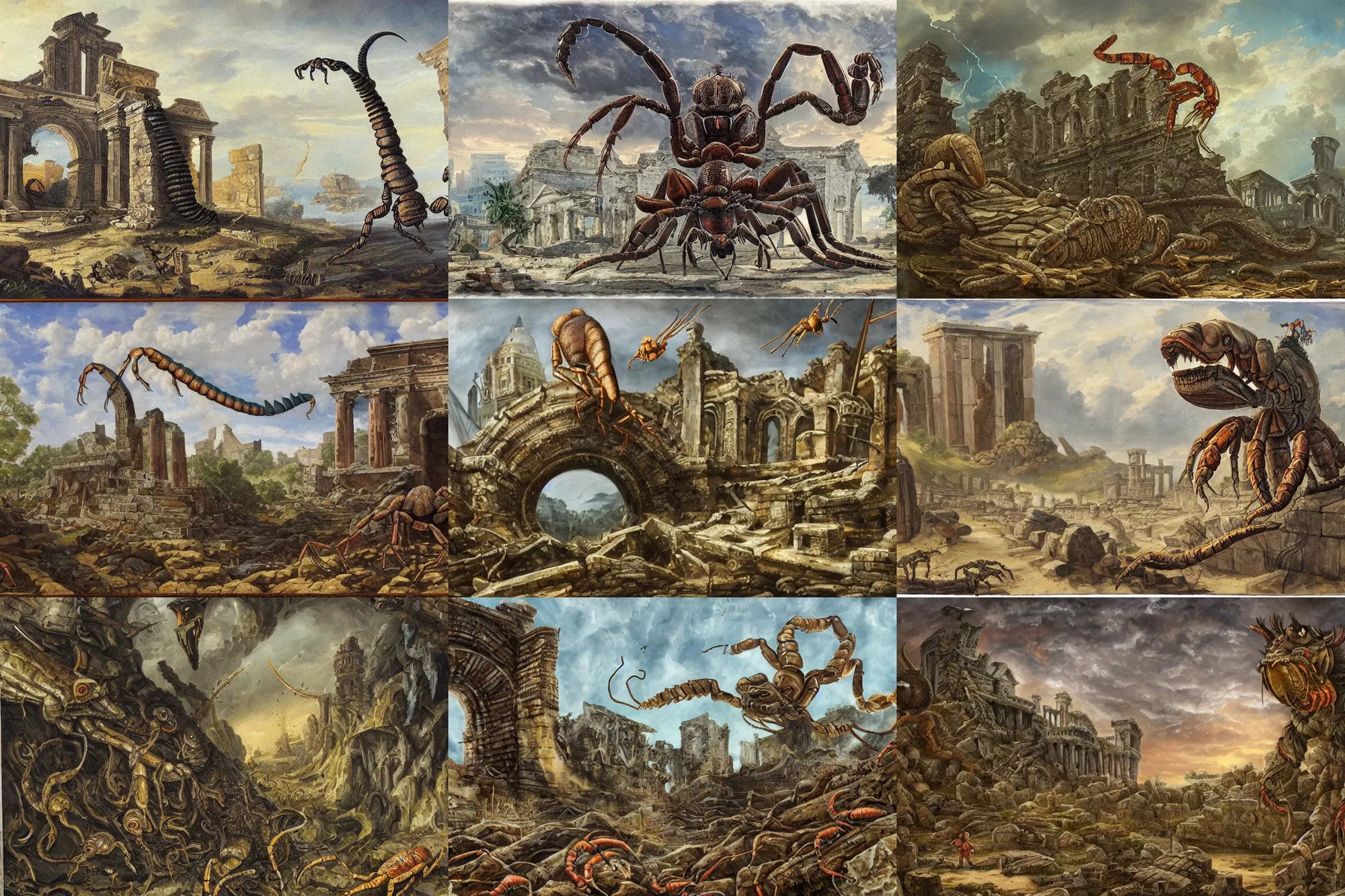 Prompt: huge ant, scorpion, claws, lamprey mouth, looming over a ruined ancient city, acrylic. masterwork.